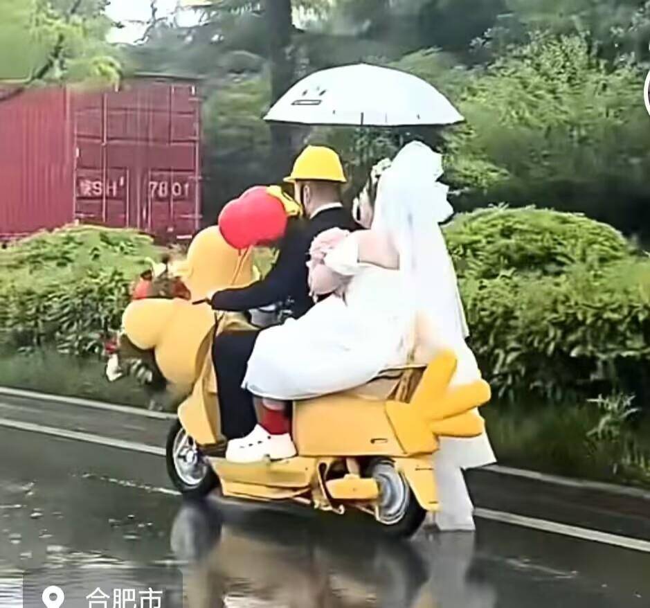 皇冠信用网代理
_合肥一对新人雨中骑“鸡动车”去结婚皇冠信用网代理
,新人:很浪漫,挺有氛围